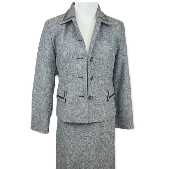 Vintage Pendleton Wool Silk Tweed Style Skirt Suit Leather Trim Black Small - Picture 2 of 10